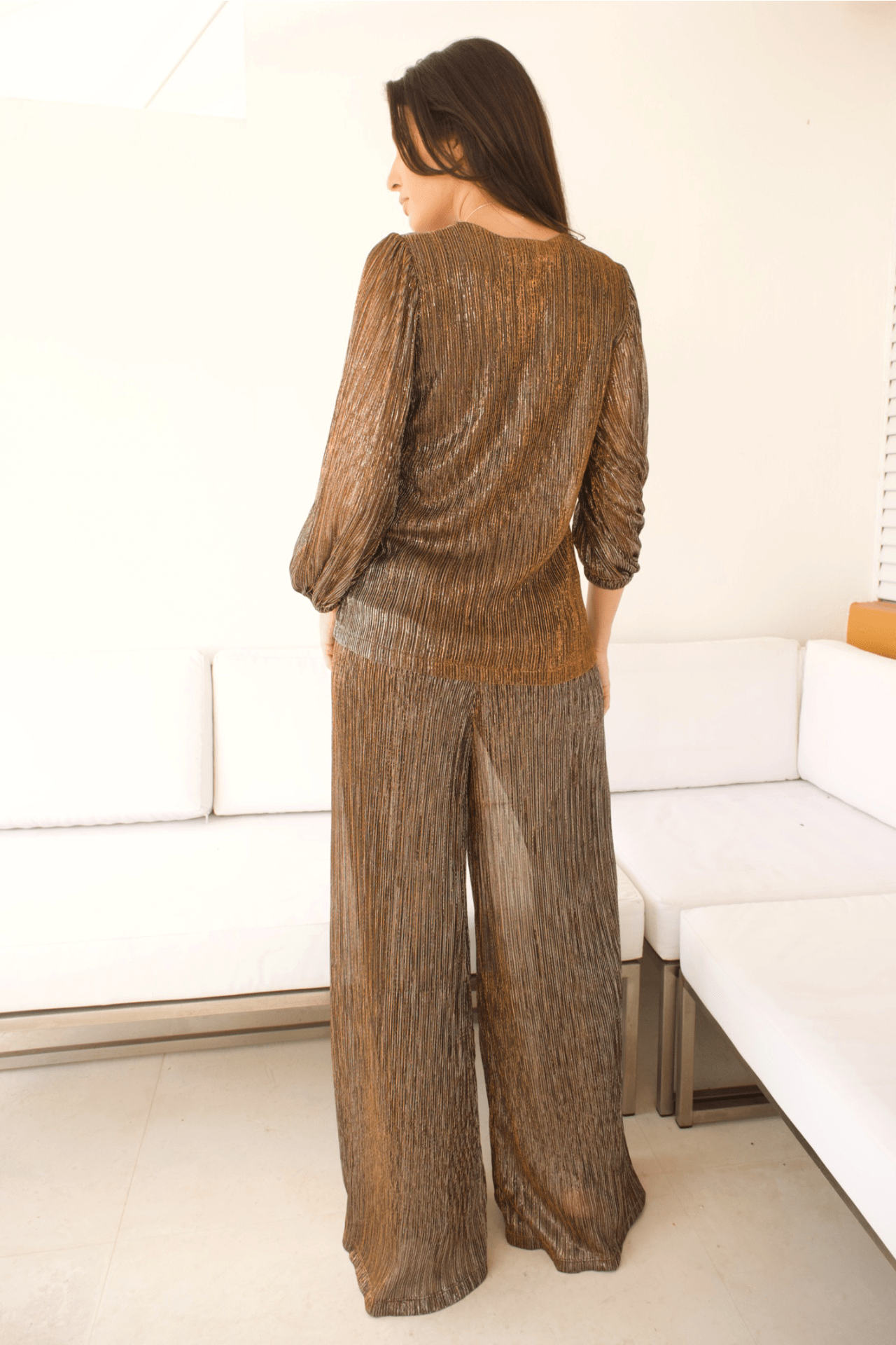 Back view of the Women's Metallic Radiance Pleated Set showcasing the flowing pleated details.