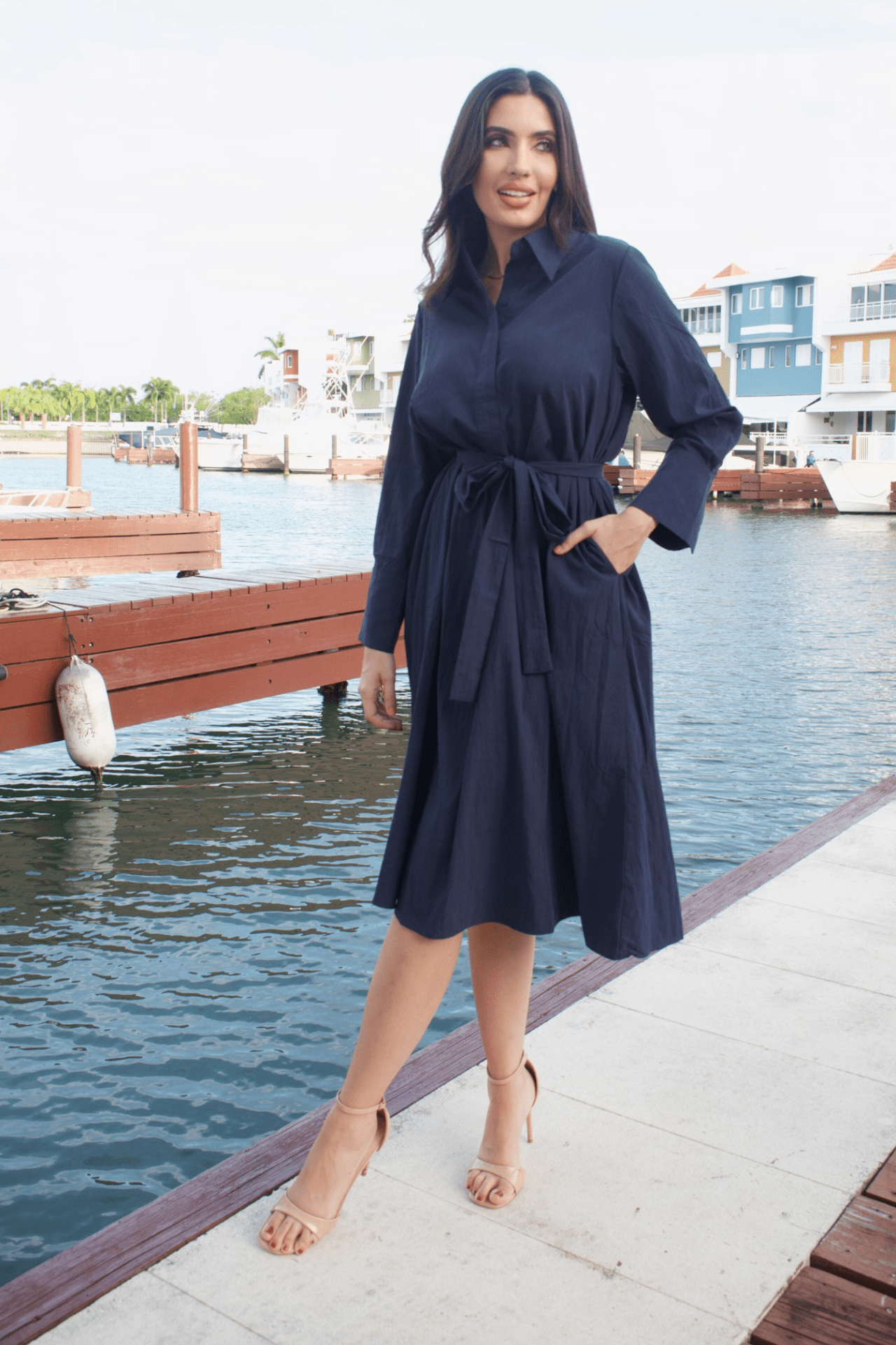 VESTIDO CASUAL AZUL MARINO DE MANGA LARGA PARA MUJER – Elegance