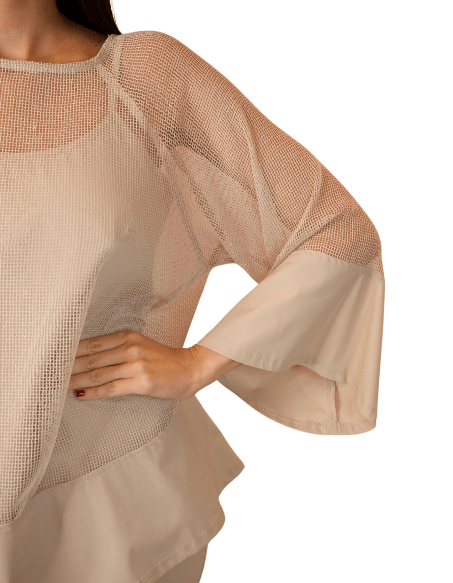 CONJUNTO TÚNICA DE MALLA COLOR OSTRA Y PANTALÓN LISO