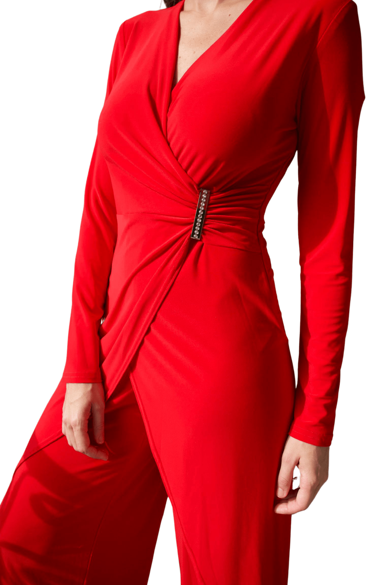 LONG SLEEVE V NECK RED OVERLAY JUMPSUIT