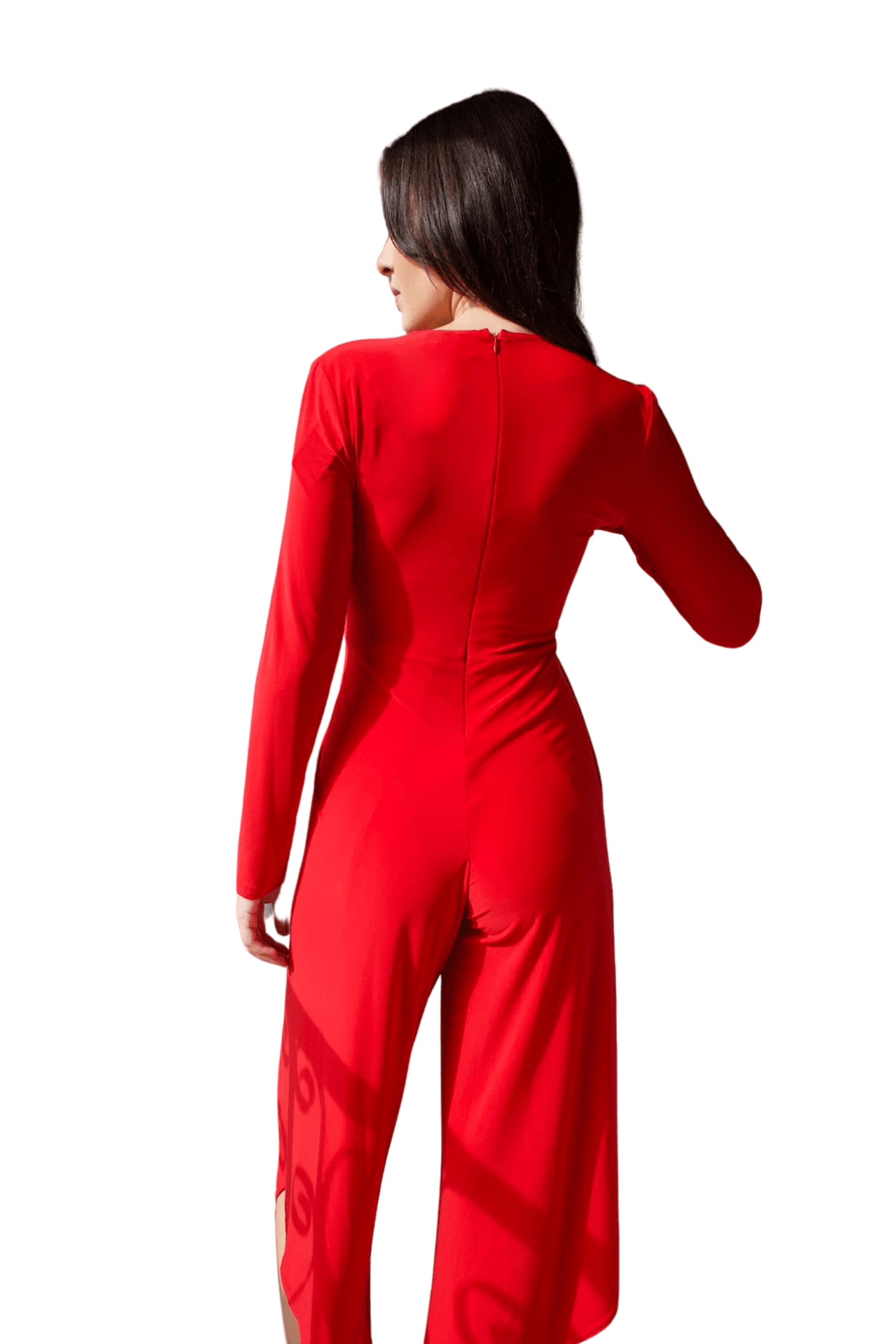 LONG SLEEVE V NECK RED OVERLAY JUMPSUIT
