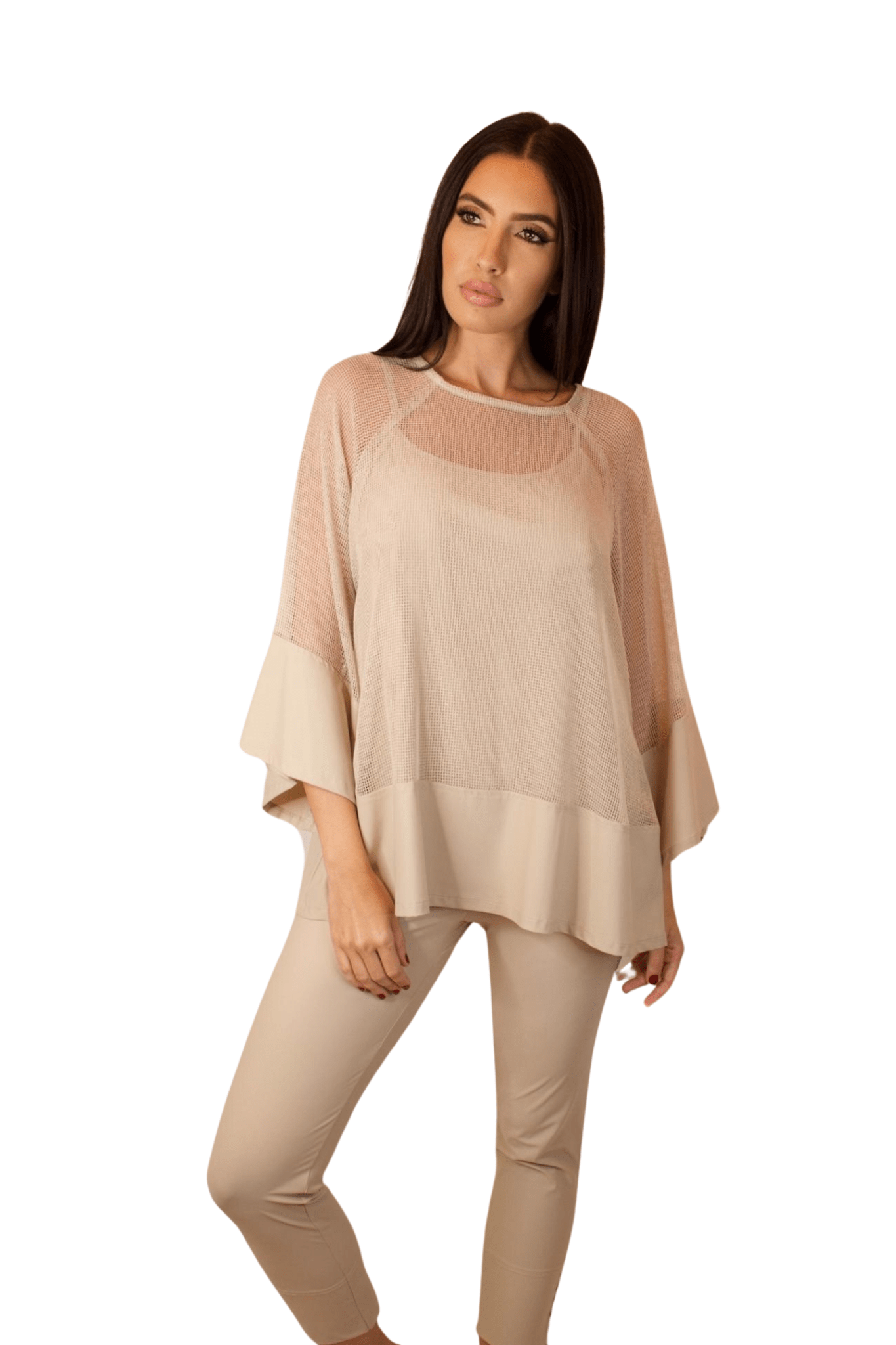 CONJUNTO TÚNICA DE MALLA COLOR OSTRA Y PANTALÓN LISO