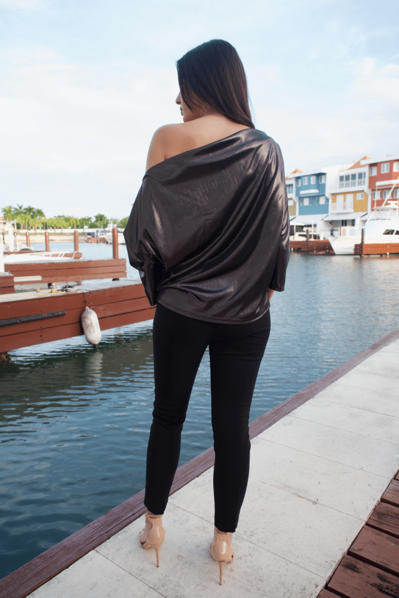 Back view of the Metallic Dots Jersey Off Shoulder Top showcasing a sleek design with metallic dots for added style