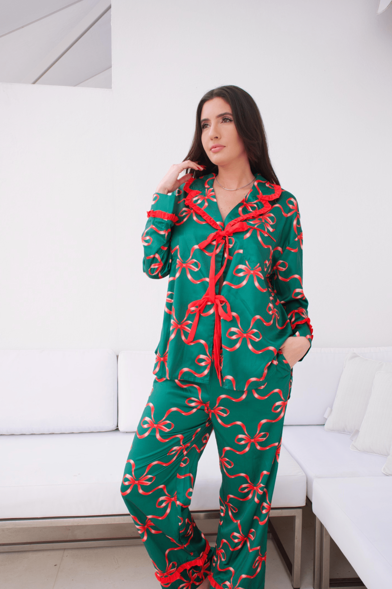 CHRISTMAS  SATIN BOW PRINT TIE FRONT PAJAMA PANT SET