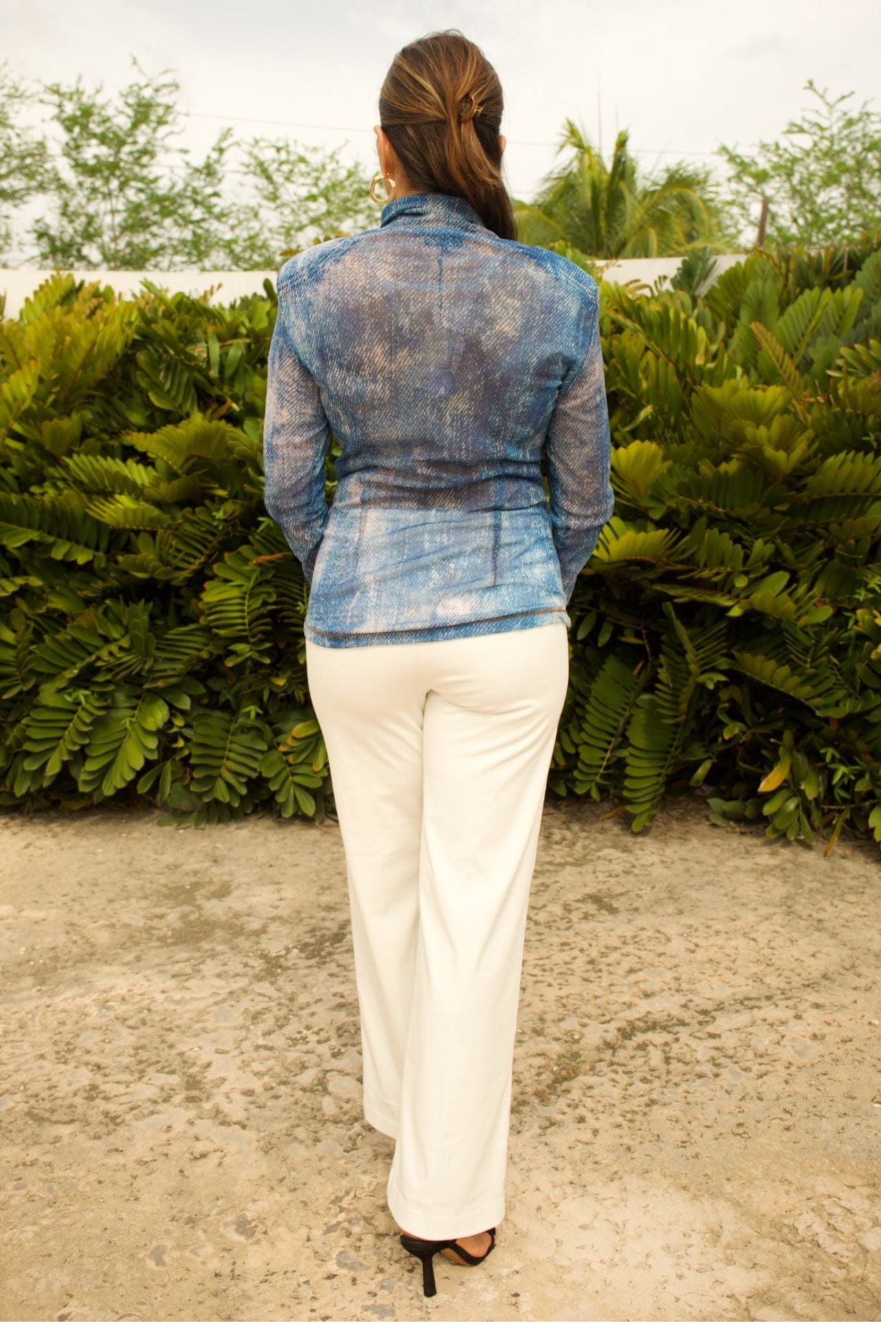Mesh Denim Shirt – Slim Fit with Long Sleeves & Contrast Stitching - back view, fitted silhouette with contrast stitching.