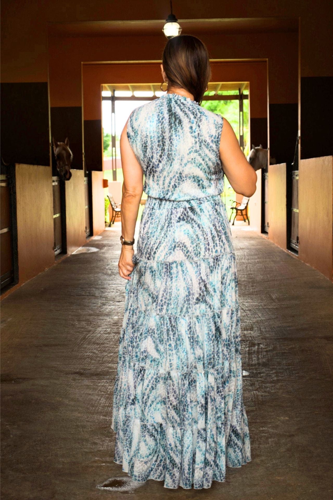 Sleeveless V-neck leopard blue green printed maxi – back view, lightweight drape and relaxed fit.