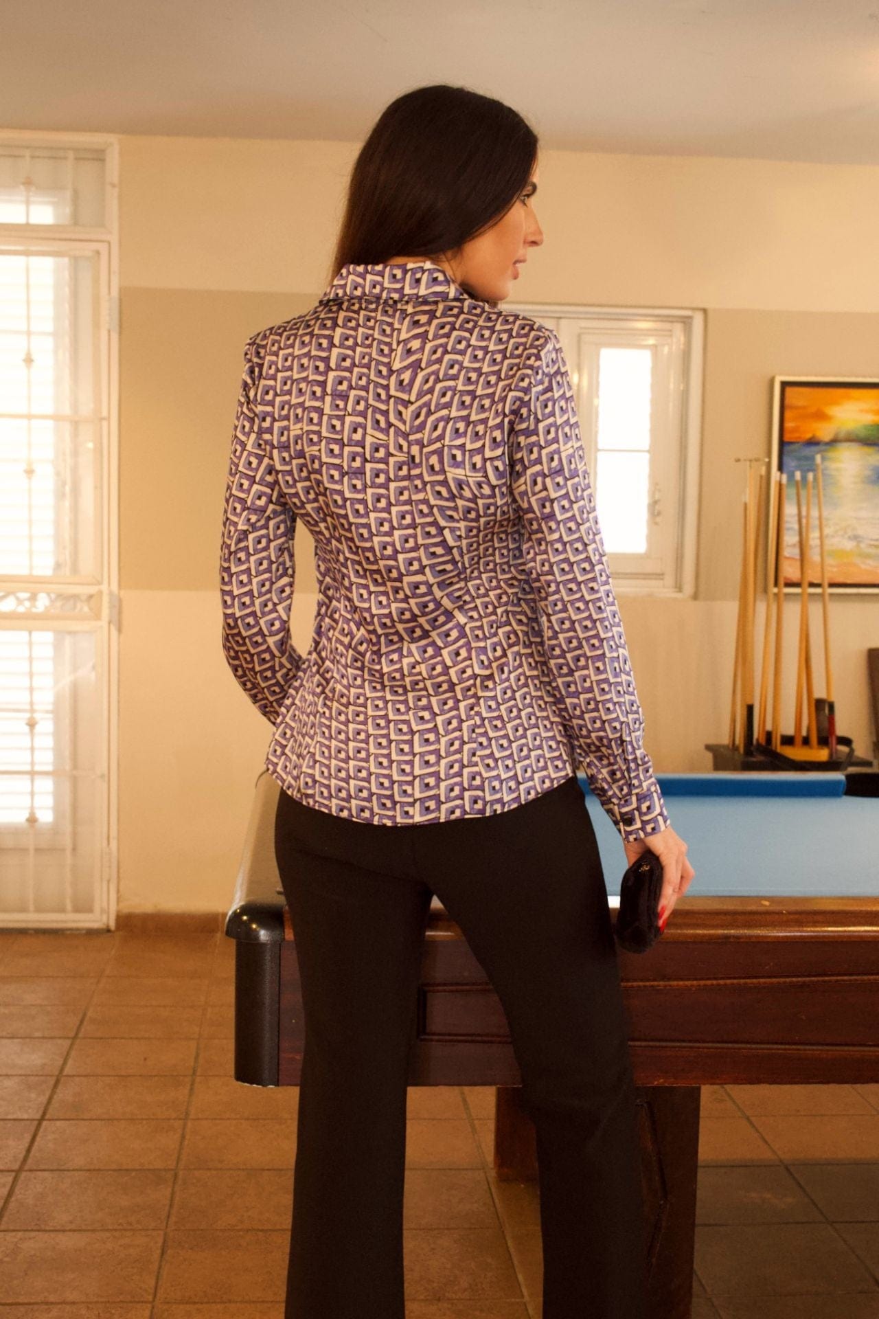 Textured Geo Blue Print Blouse - back view, long sleeves and tonal geometric texture.