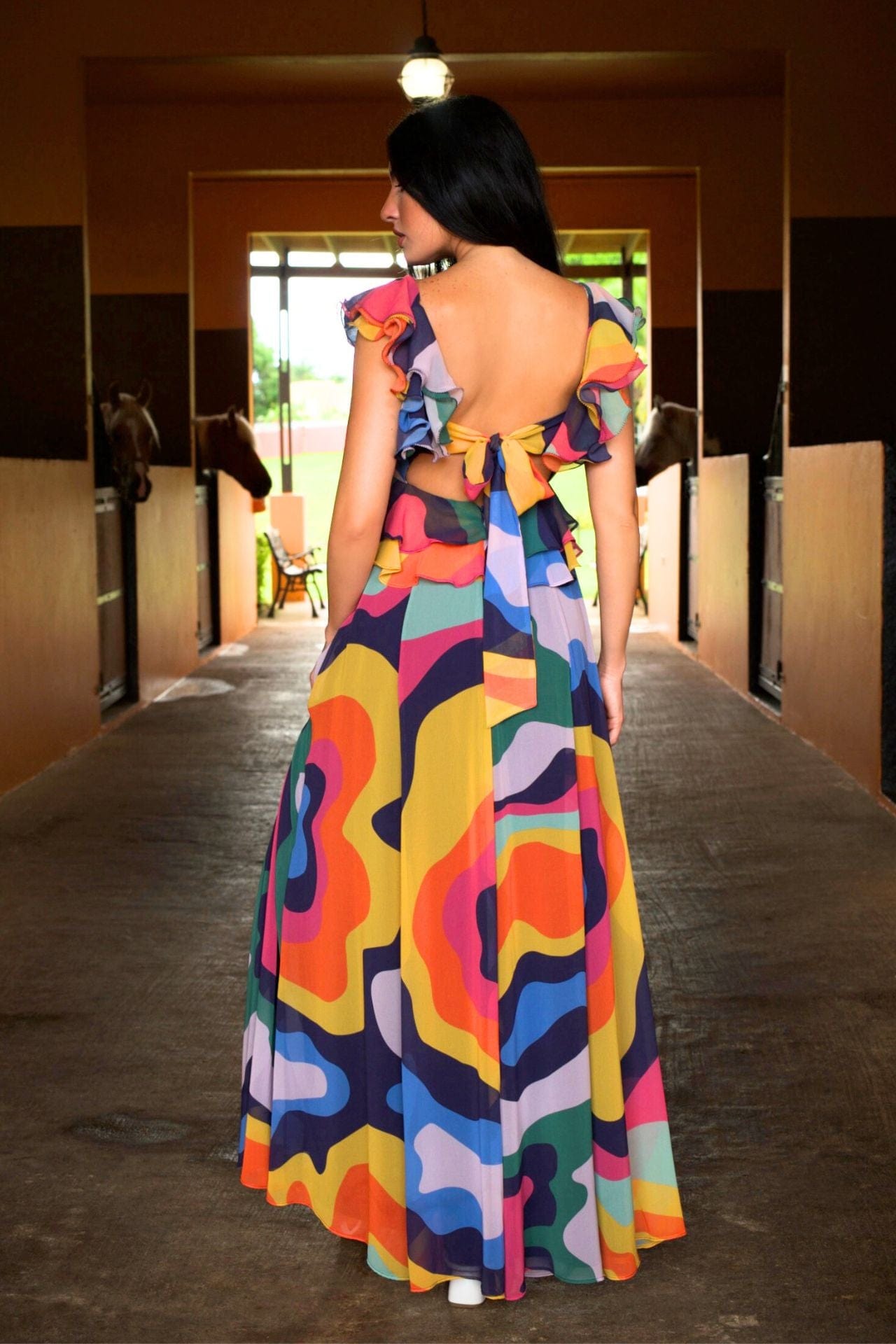 Multicolor abstract maxi dress with ruffle sleeves and open tie back, back. view.