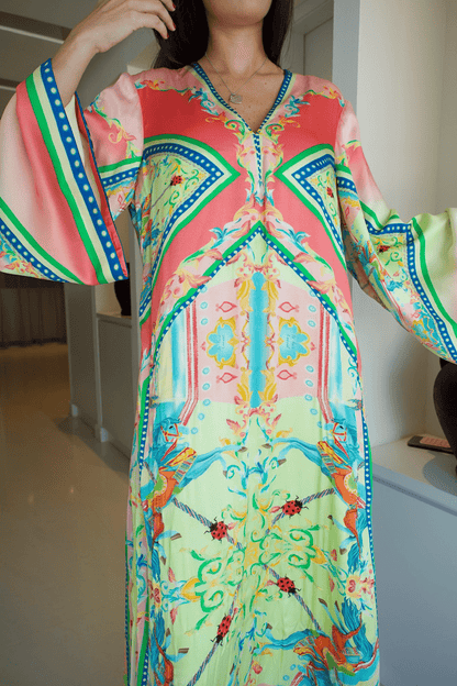 LONG WIDE SLEEVE V NECK PRINTED MAXI