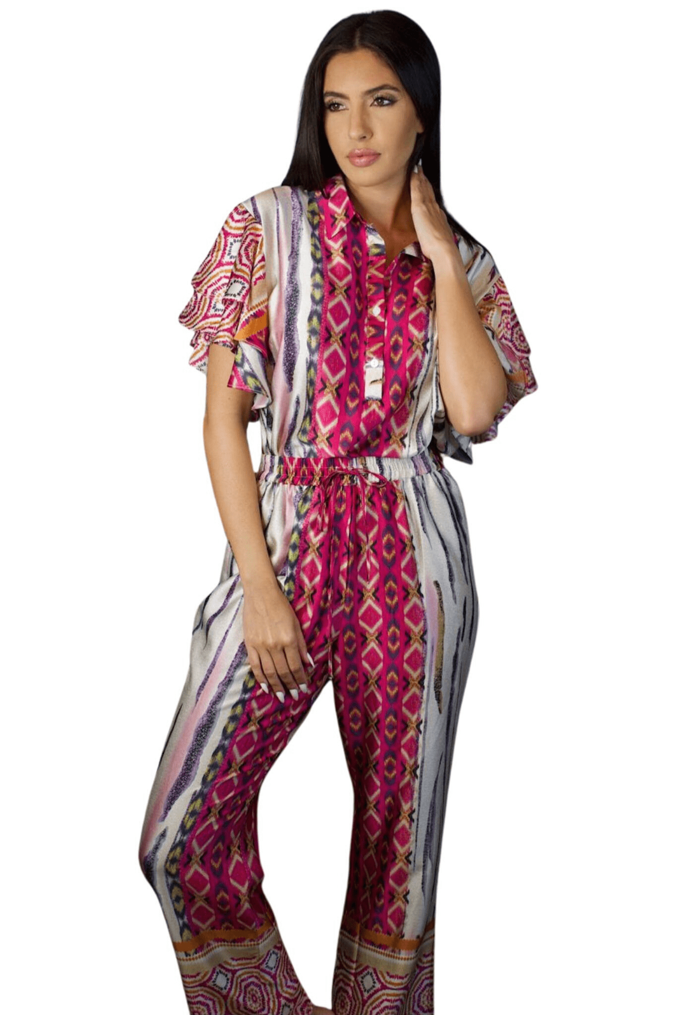 RUFFLE SLEEVE SATIN PANT SET