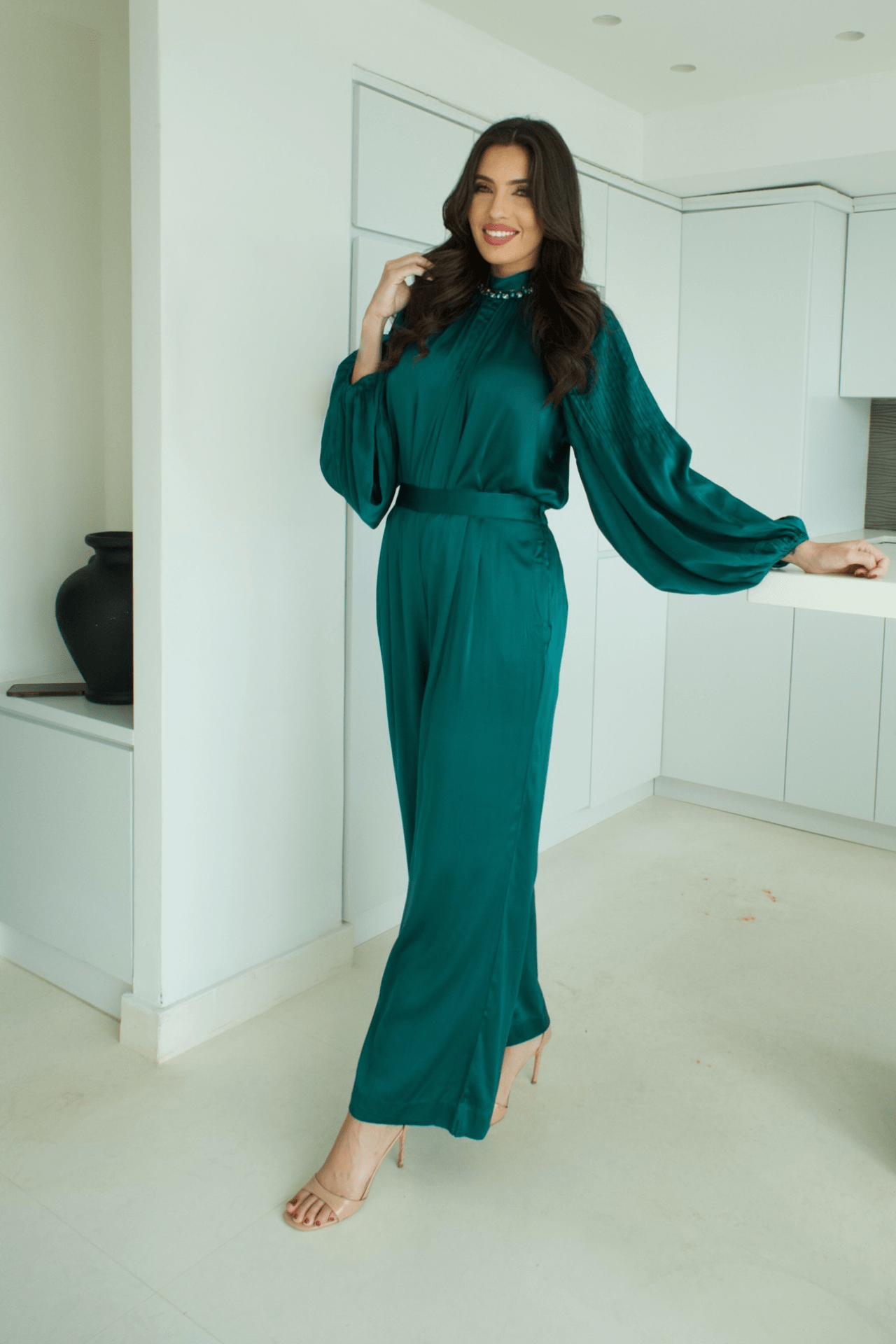 Front view of the Women's Green Satin High Neck Top with Blue Stone Details and Pant Set, featuring a luxurious satin finish and elegant embellishments.