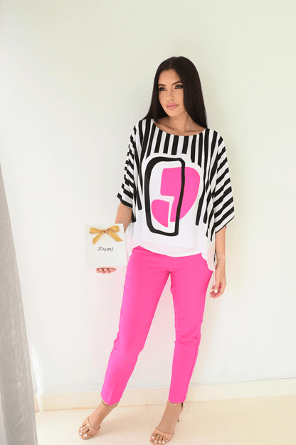 MODERN WHITE, BLACK AND PINK PANTS SET