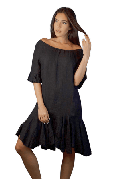 VESTIDO CORTO DE LINO NEGRO CON VOLANTE EN LA MANGA Y EN EL BAJO