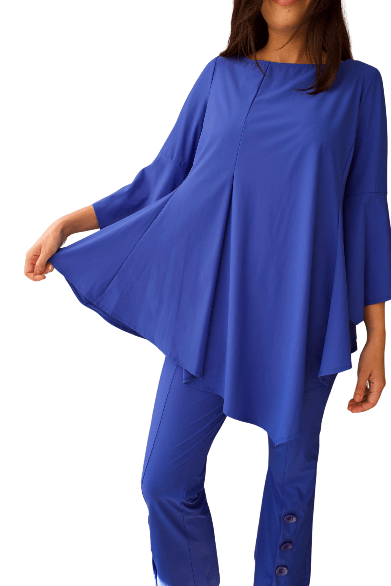 CONJUNTO DE PANTALÓN Y TOP ASIMÉTRICO CON MANGAS CON VOLANTES AZULES PARA MUJER