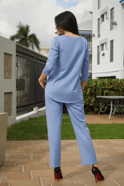 Back view of women's cornflower blue pant set, featuring a relaxed fit and timeless design for all-day comfort.