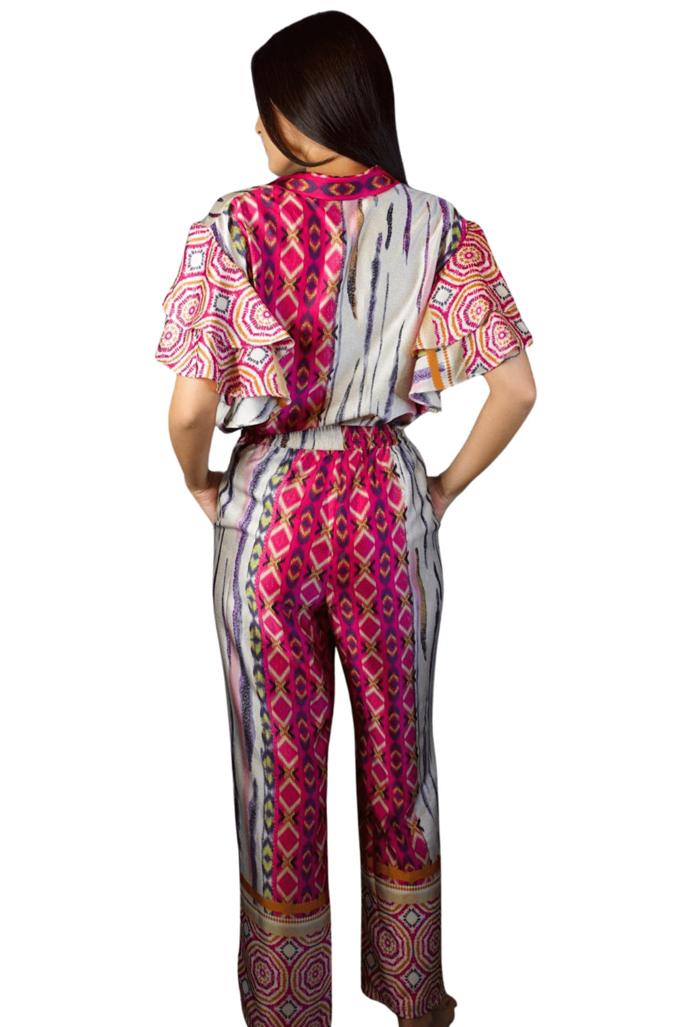RUFFLE SLEEVE SATIN PANT SET