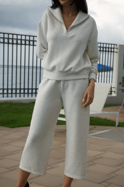Detailed view of the soft fabric on the ivory wide-leg pant set, highlighting its comfortable and elegant design.