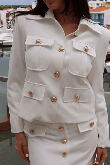 WINTER WHITE SHORT SKIRT SET WITH GOLD BUTTONS