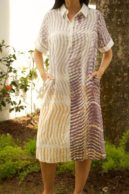 Close-up of botanical print on lightweight TENCEL and linen blend midi dress.