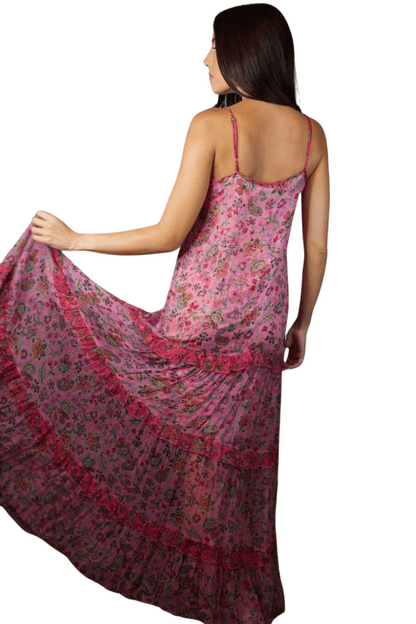 PINK FLORAL SILK MAXI DRESS