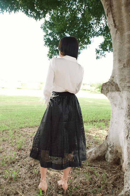 WOMEN  PERFORATED PLEATHER BLACK MIDI SKIRT