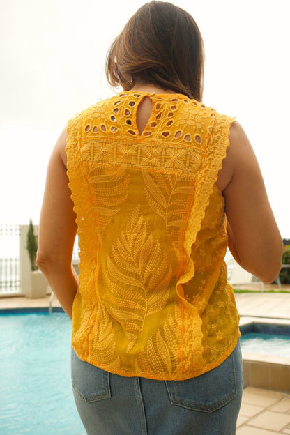 Back view of Women's Sleeveless Round Neck Eyelet Embroidered Top in Yellow – smooth, breathable rayon fabric with a relaxed fit.