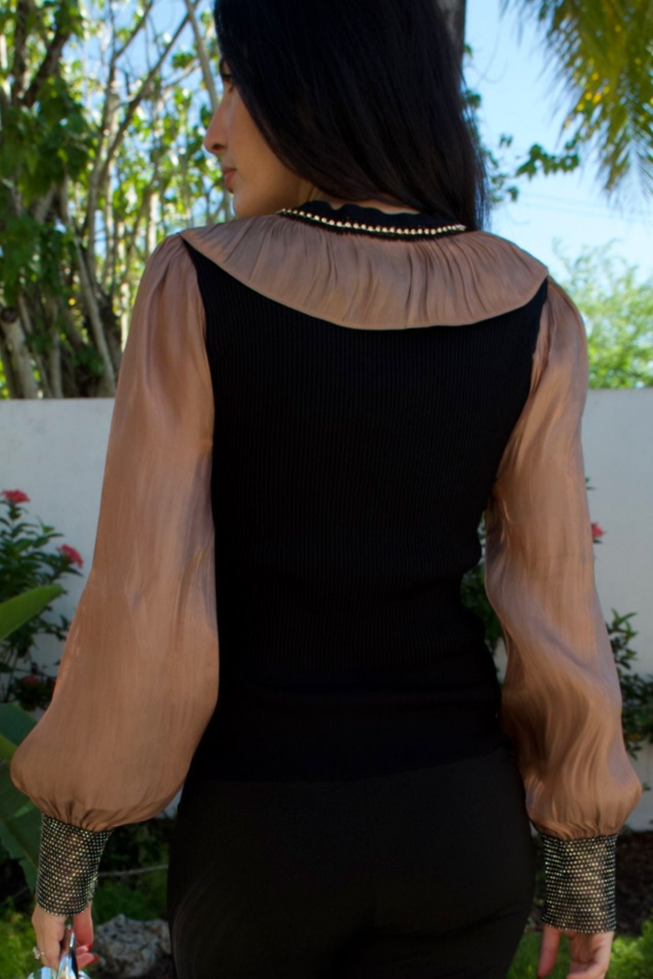 Black blouse with champagne satin ruffle front and satin balloon sleeves with crystal cuffs — Elegance Boutique