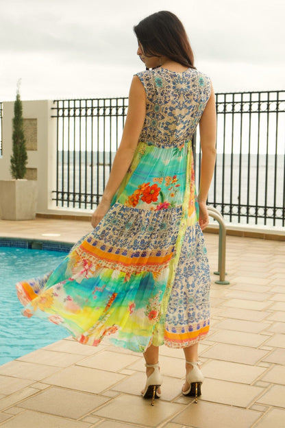 Back view of Natania Floral Maxi Dress, showcasing the lightweight cotton-modal blend.