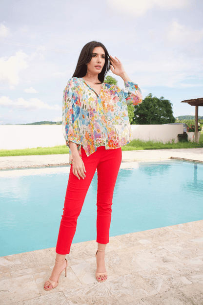 BLUSA FLORAL DE SEDA DE MANGA LARGA PARA MUJER