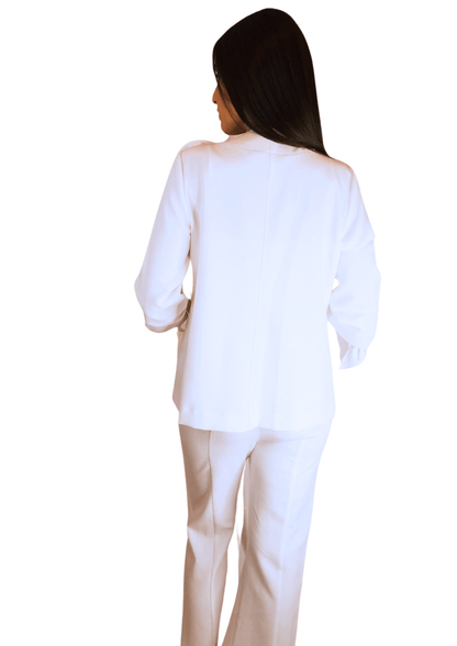 WHITE JACKET WITH KNOTTED SLEEVE AND A SLIT FRONT PANT SET