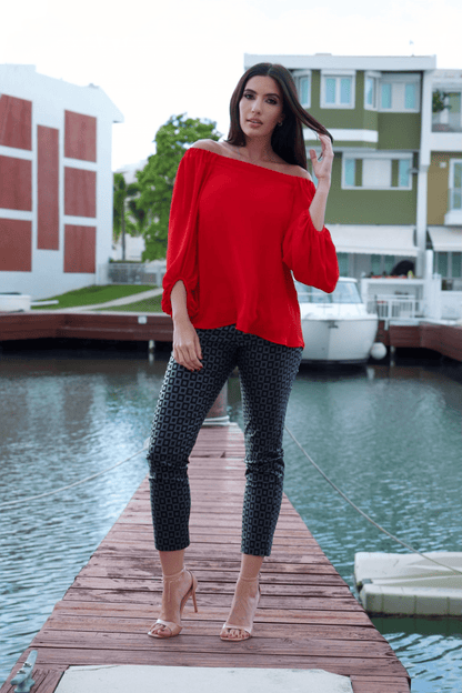 OFF SHOULDER VIBRANT RED LONG BUBBLE SLEEVES