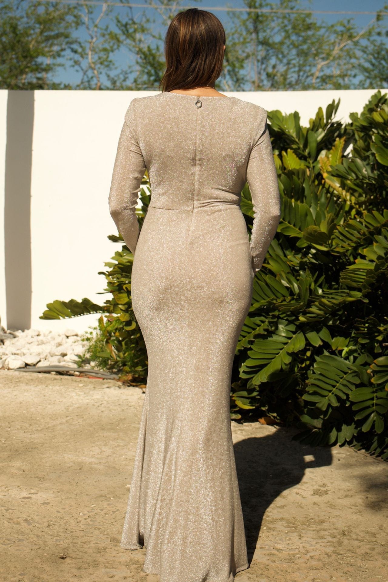 Back view of silver floor-length gown with long sleeve design