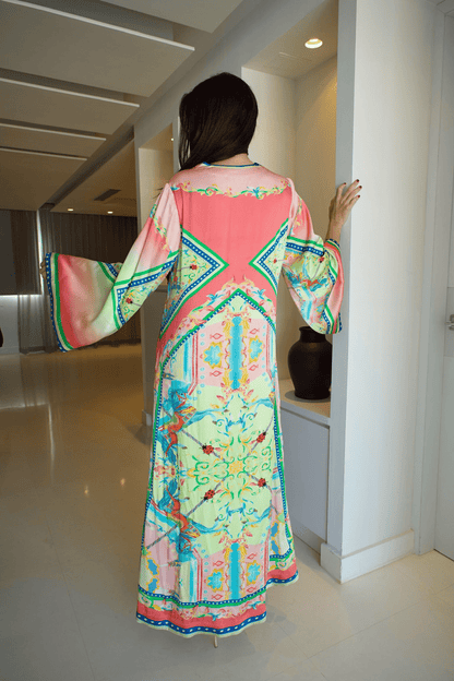 LONG WIDE SLEEVE V NECK PRINTED MAXI