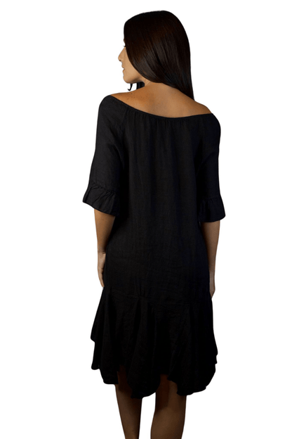 VESTIDO CORTO DE LINO NEGRO CON VOLANTE EN LA MANGA Y EN EL BAJO
