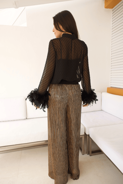Back view of the Women's Elegant Black Feather Trim Top showcasing its sleek design and attention to detail for a sophisticated look.