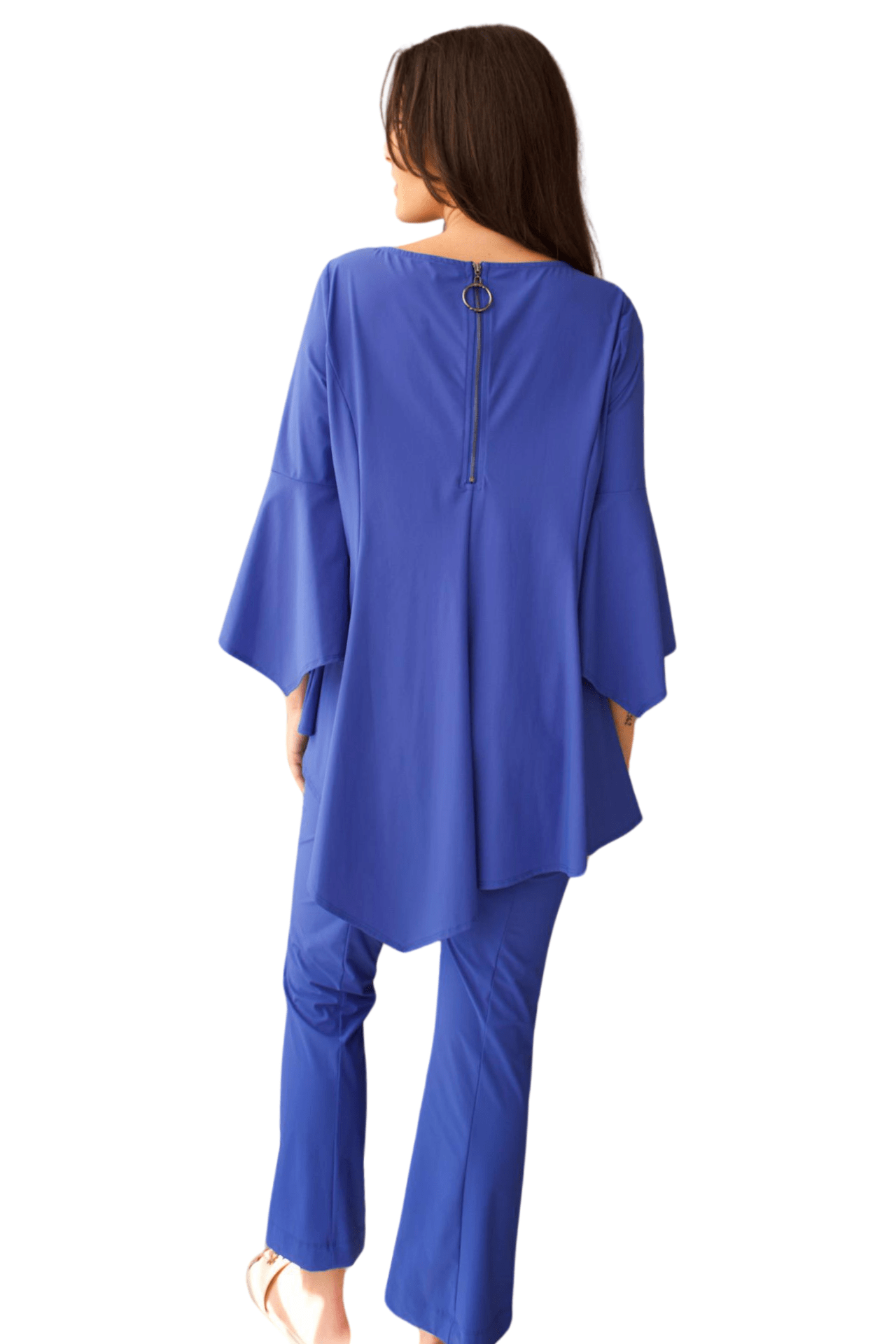 CONJUNTO DE PANTALÓN Y TOP ASIMÉTRICO CON MANGAS CON VOLANTES AZULES PARA MUJER