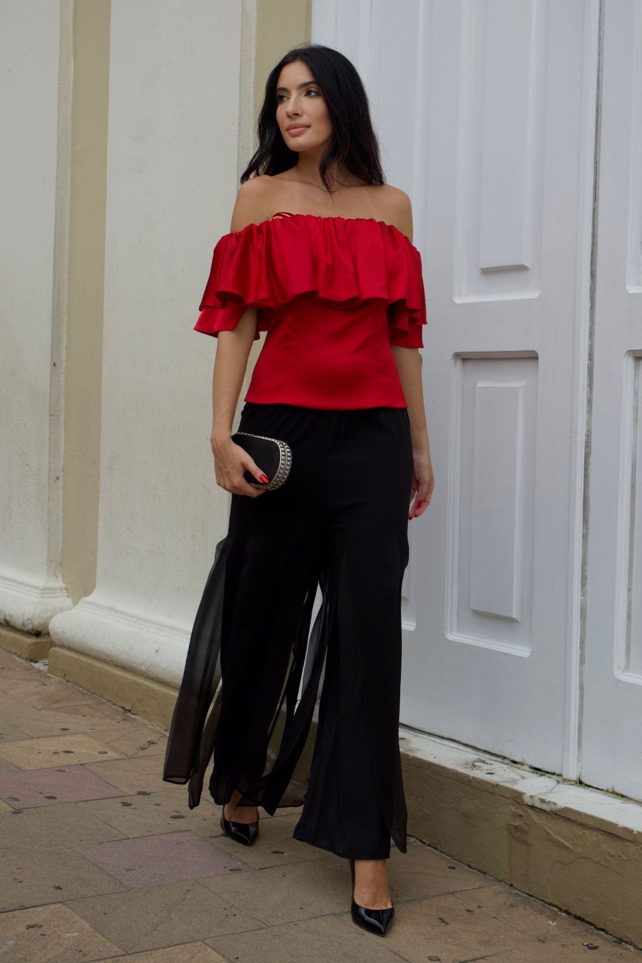 Black chiffon overlay palazzo pants with elastic waist – front view