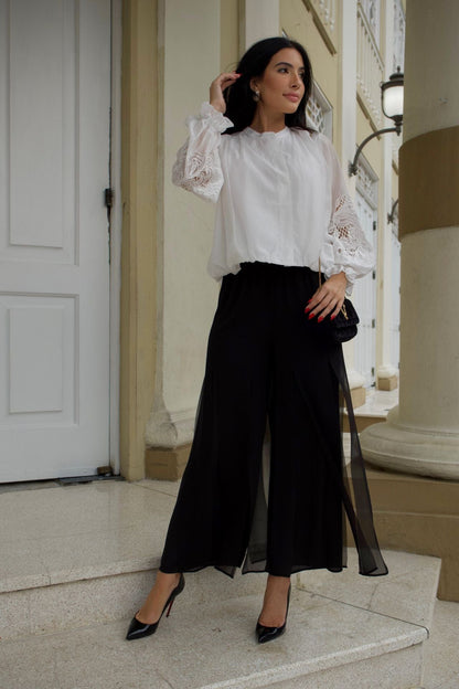 Black chiffon overlay palazzo pants with elastic waist – front view