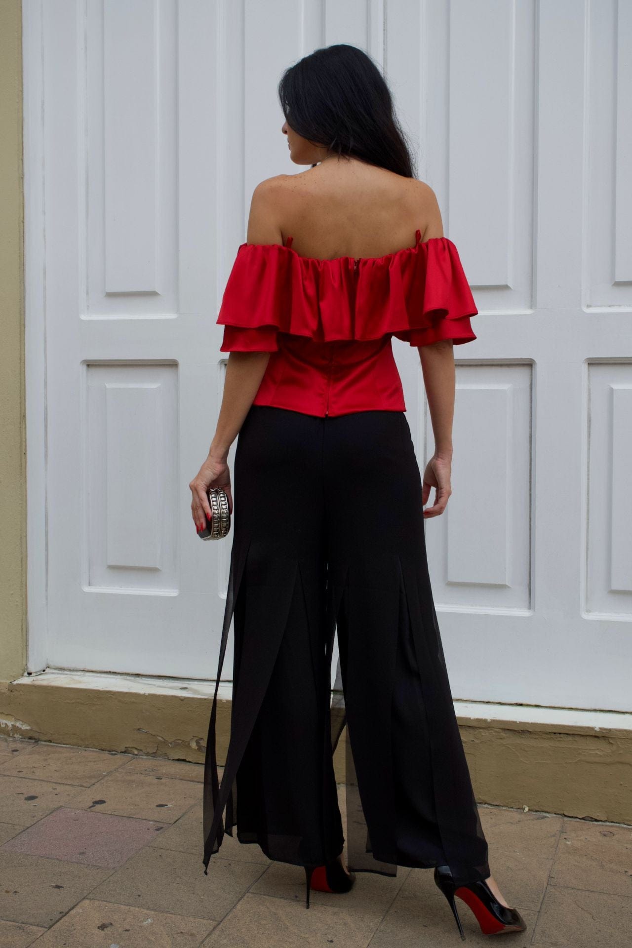 Black chiffon overlay palazzo pants with elastic waist – back view