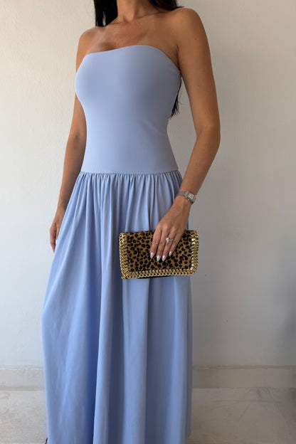 Model wearing the Blue Horizon Maxi Dress in soft sky blue featuring a strapless fitted bodice and flowing maxi skirt.