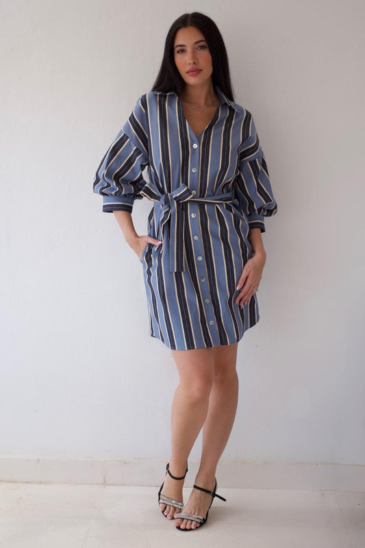 Blue striped shirt dress with tie waist and balloon sleeves