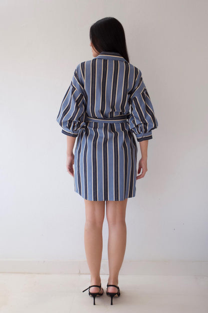 Blue striped shirt dress with tie waist and balloon sleeves