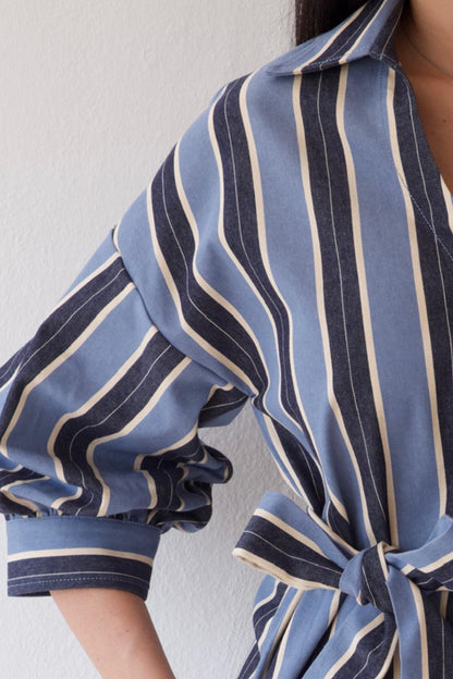 Blue striped shirt dress with tie waist and balloon sleeves