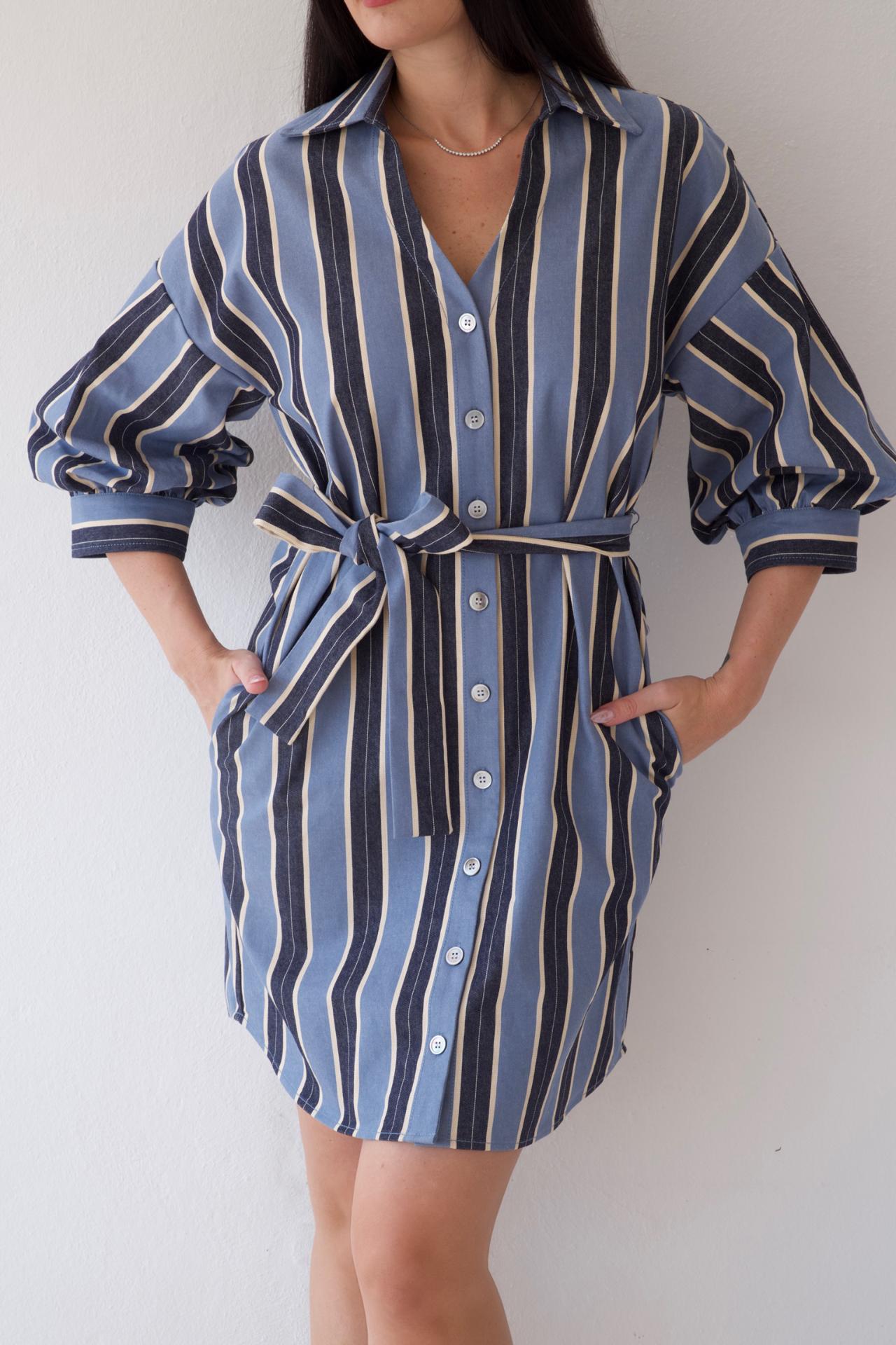 Blue striped shirt dress with tie waist and balloon sleeves