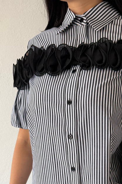 Cold-shoulder striped cotton blouse with dramatic black detailing