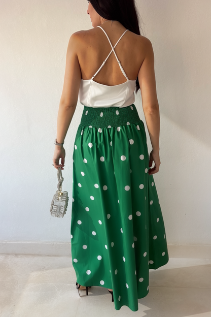 Monaco Polka Skirt in green and white styled with satin white top.