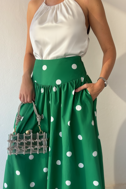 Monaco Polka Skirt in green and white styled with satin white Top.