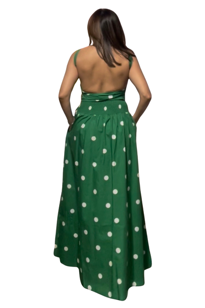 Back view of Monaco Polka Skirt styled with coordinating open-back top