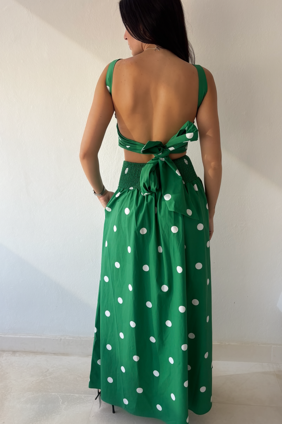Monaco Polka Skirt in green and white styled with matching Monaco Polka Top