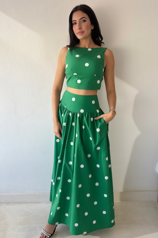 Monaco Polka Skirt in green and white styled with matching Monaco Polka Top